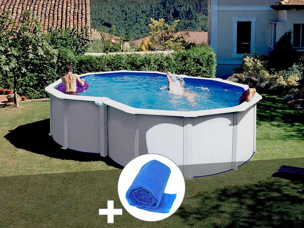 GRE - Kit piscine acier blanc Gré Varadero en huit 6,45 x 3,95 x 1,22 m + Bâche à bulles - large