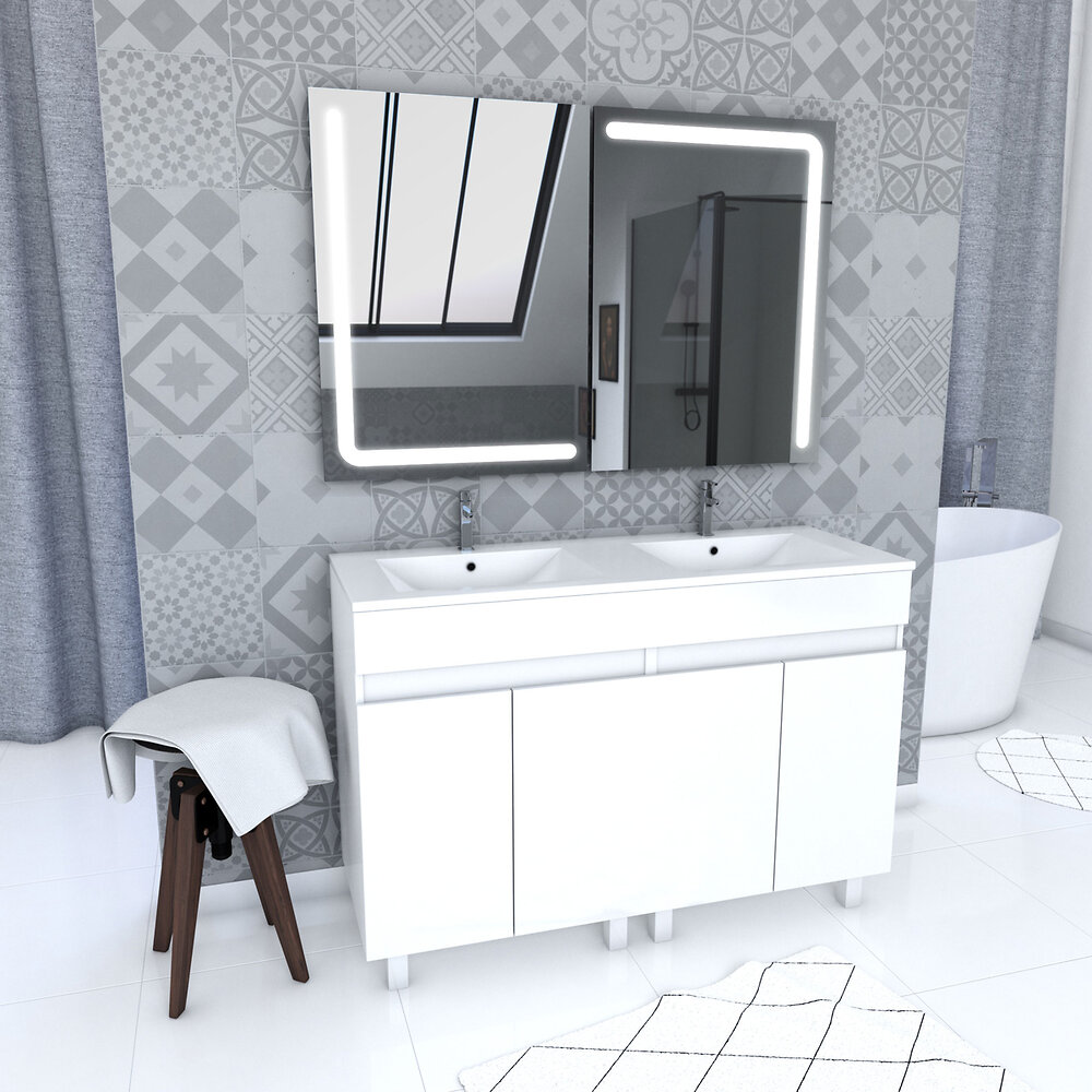 AURLANE - Pack Meuble SDB blanc 120cm sur pied 4 portes_Vasque double + Miroir Led integree - STARTED 63 - large