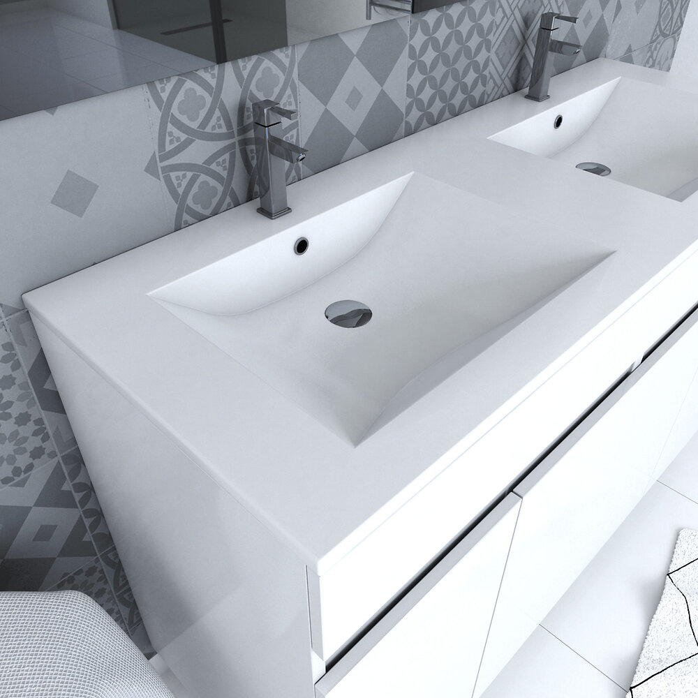 AURLANE - Pack Meuble SDB blanc 120cm sur pied 4 portes_Vasque double + Miroir Led integree - STARTED 63 - large