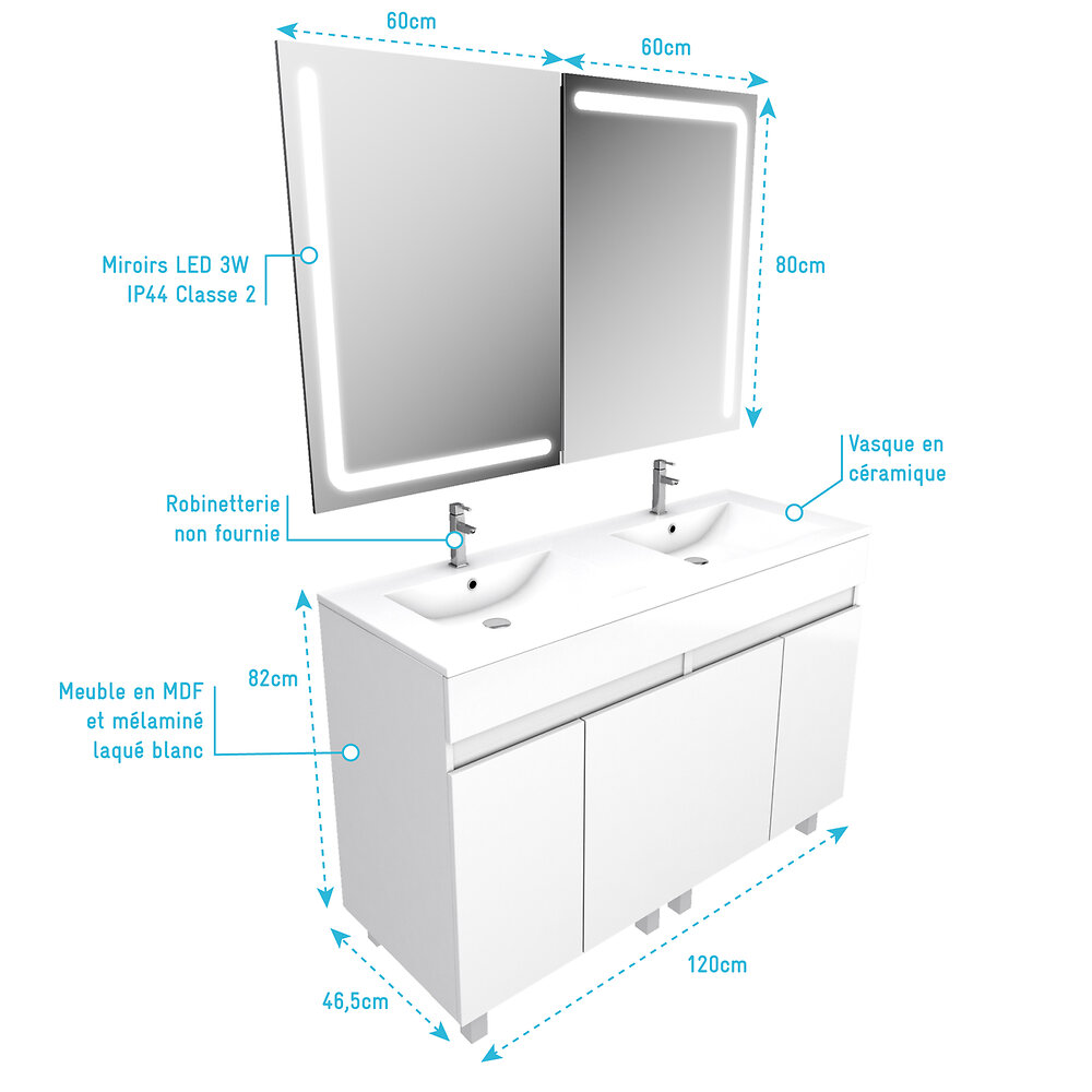 AURLANE - Pack Meuble SDB blanc 120cm sur pied 4 portes_Vasque double + Miroir Led integree - STARTED 63 - large