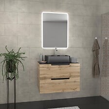 AURLANE Meuble salle de bains 80 cm 2 tiroirs - Chêne et noir - Vasqu ...