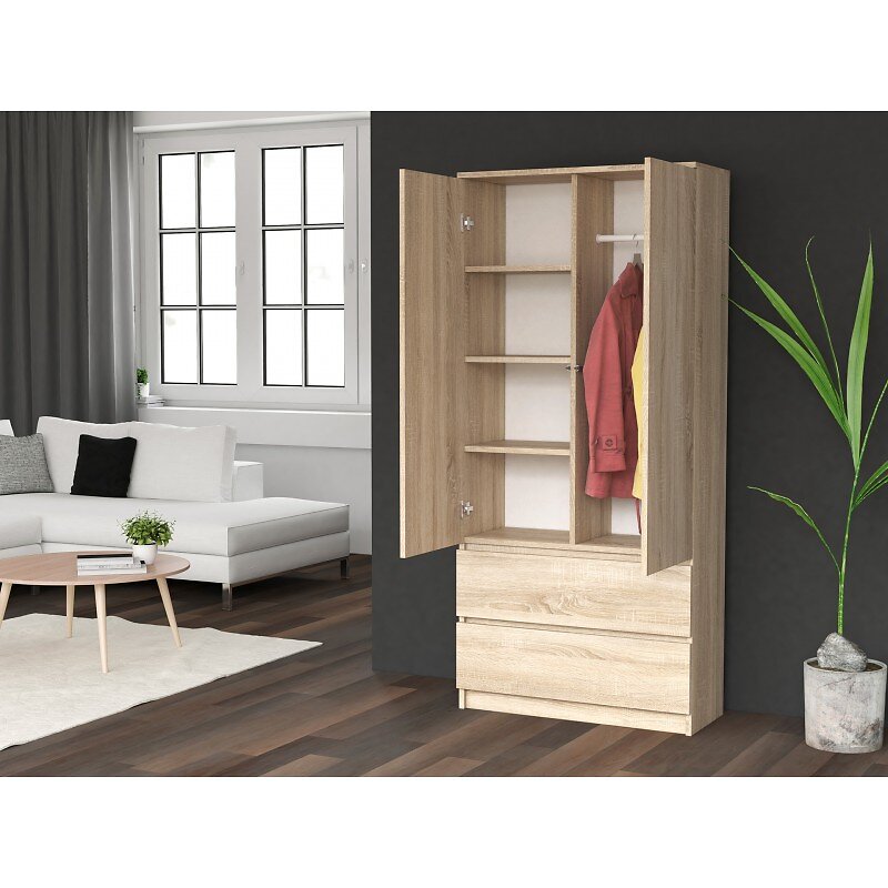 HUCOCO - TURIN - Armoire style moderne chambre salon - Penderie multifonctions - 2 portes + tiroirs - Dressing - Système TIP-ON - Sonoma - large