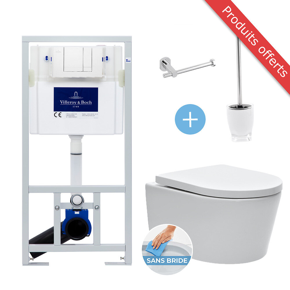 VILLEROY_ET_BOCH - Pack WC Complet Bâti-support + WC SAT sans bride avec abattant déclipsable + Set d'accessoires OFFERT - large