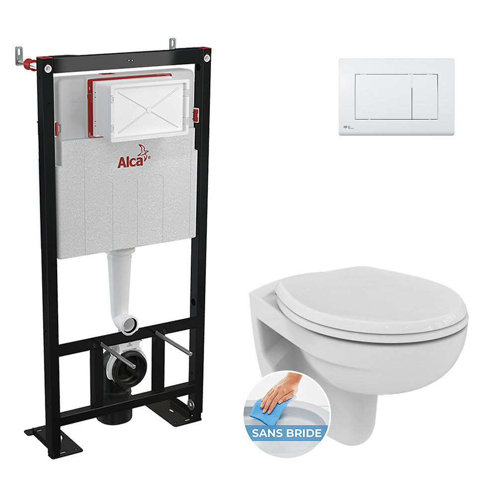 ALCA - Pack WC Bâti-support autoportant + WC Porcher sans bride + Abattant Astor + Plaque blanche (AlcaPorcher-M270) - large