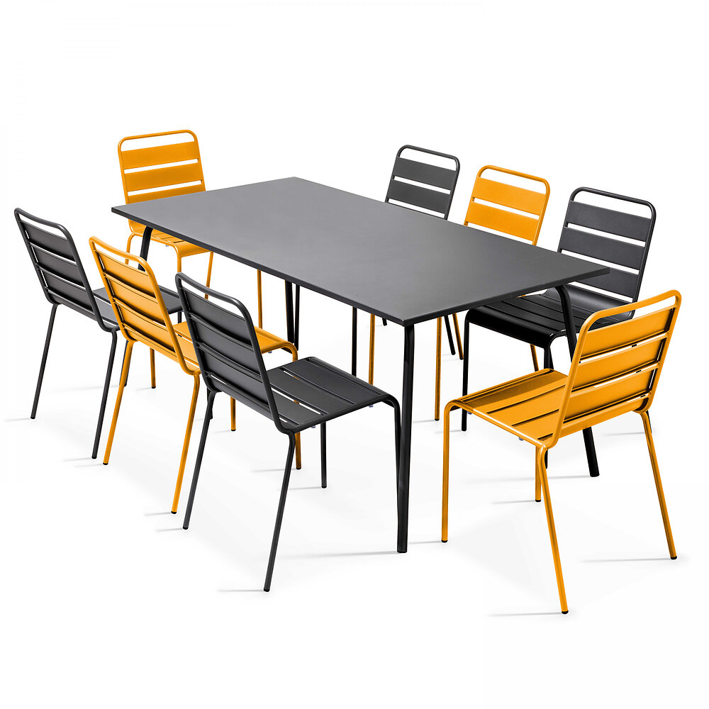 OVIALA - Ensemble table et 8 chaises en métal gris et jaune - large