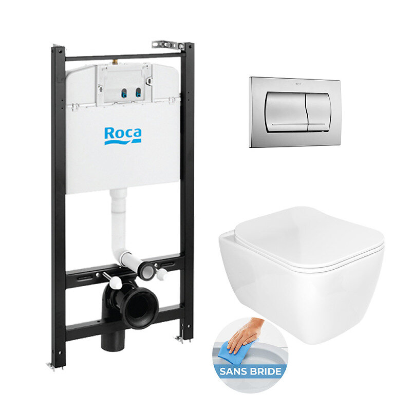 ROCA - Roca Pack Bâti-support ROCA ACTIVE + WC sans bride Idevit Havana + abattant ultra fin + plaque chrome mat (RocaActiveHavana-2) - large