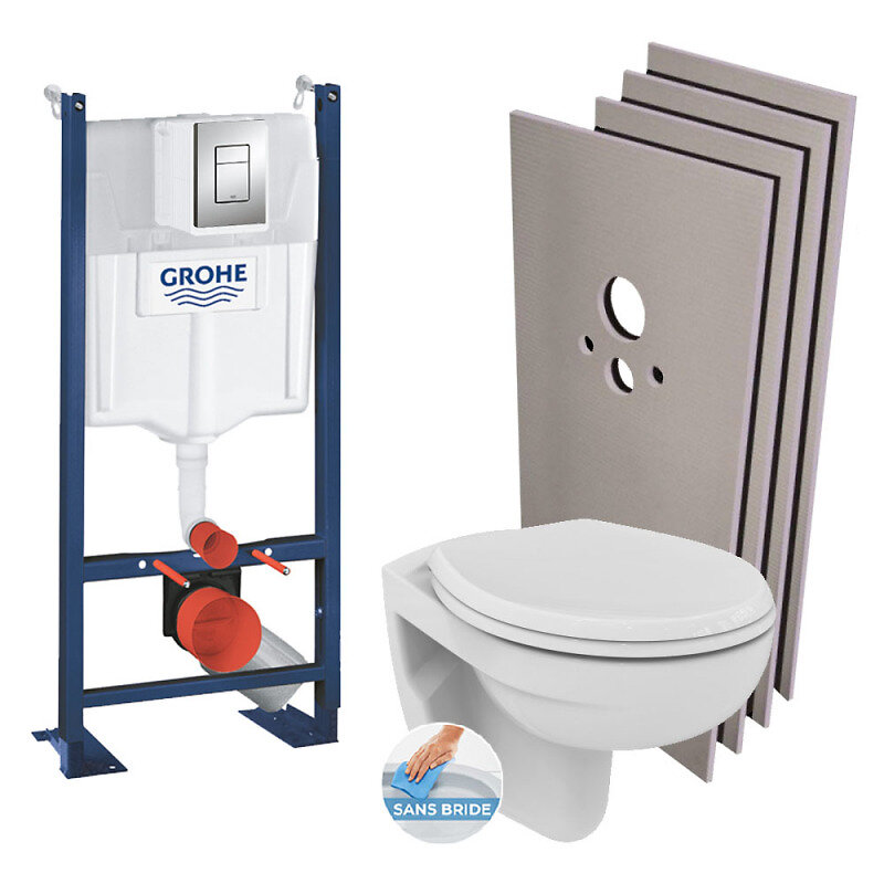 GROHE - Grohe Pack WC bâti-autoportant + WC Porcher sans bride + Abattant + Set d'habillage + Plaque chrome (ProjectPorcher-1-sabo) - large