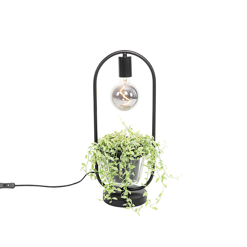 QAZQA - Lampe de table moderne noire avec pot en verre plat rond - Roslini - large