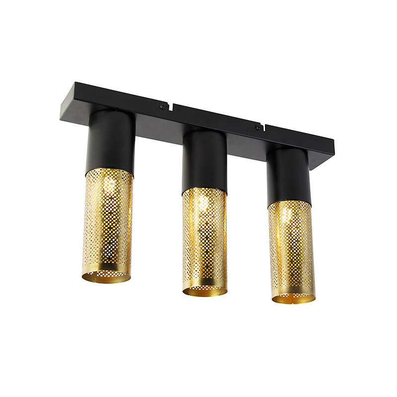 QAZQA - Plafonnier industriel noir avec or allongé 3 lumières - Raspi - large