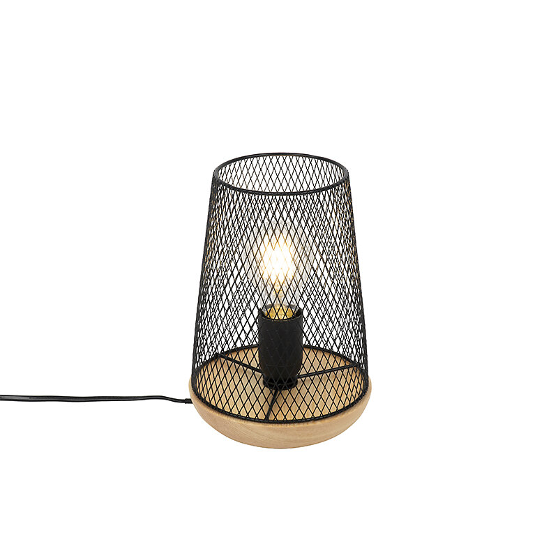 QAZQA - Lampe de table design noire avec bois - Bosk - large