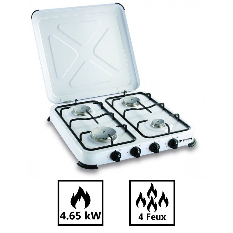 KEMPER - Plaque de cuisson gaz portable 4 feux kemper- 4650 W - blanc laqué - large