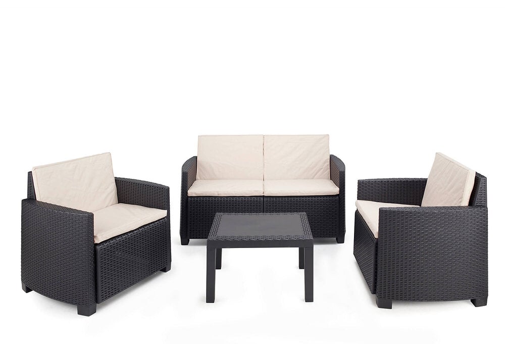 DMORA - Salon intérieur et extérieur composé de : 2 fauteuils, 1 canapé 2 places et 1 table basse avec 8 coussins, Made in Italy, coloris anthracite - large