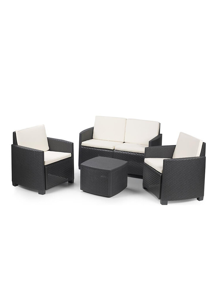 DMORA - Ensemble de jardin "j" avec coussins, 1 canapé + 2 fauteuils (avec accoudoirs) + 1 table conteneur extérieur, Made in Italy, Anthracite - large