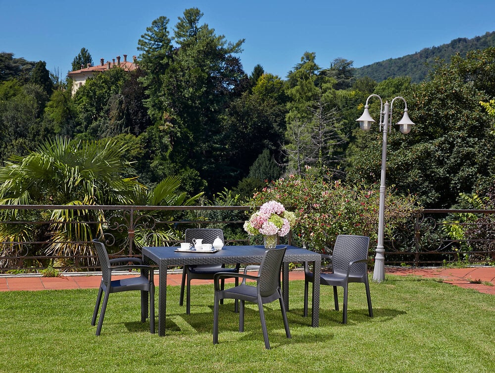 table d'extérieur imola, table rectangulaire fixe, table de jardin polyvalente effet rotin, 100% made in italy, 138x78h72 cm, anthracite