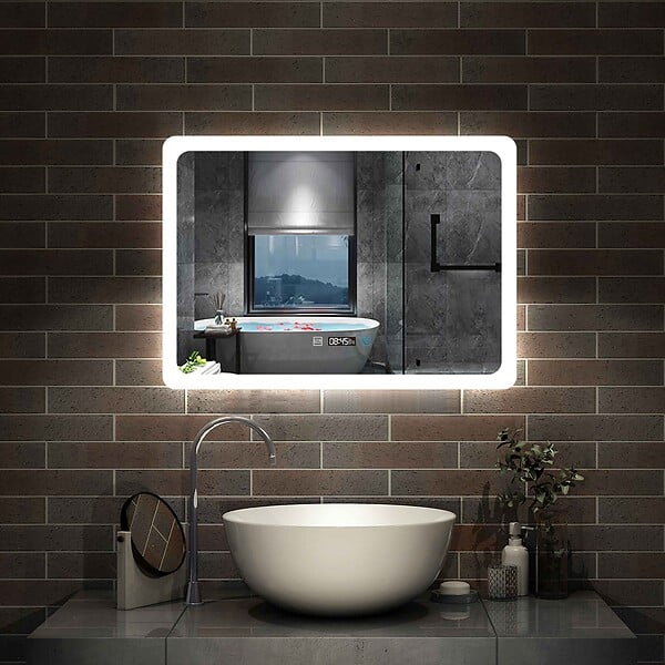 AICA Horloge LED Miroir de salle de bain à lumière blanche variable avec  anti-buée,horizontal 70*50cm