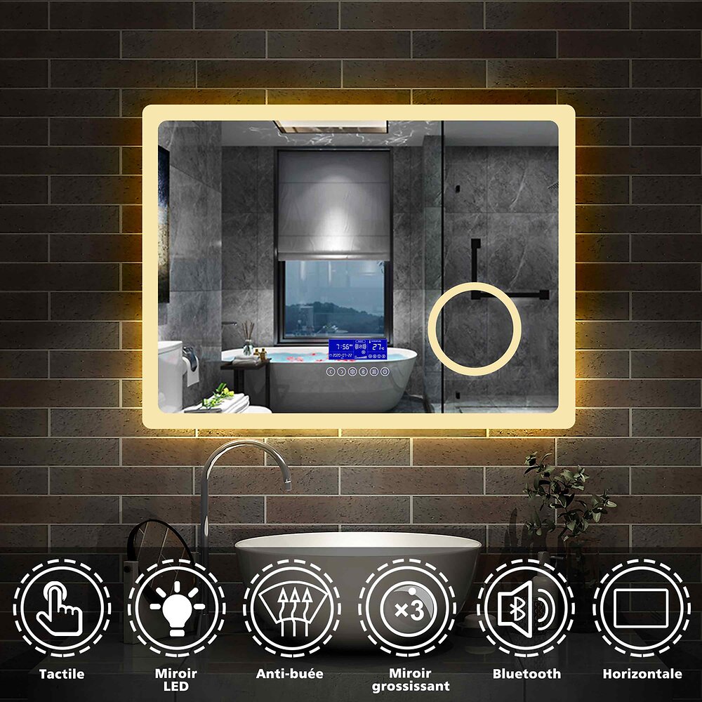 AICA SANITAIRE - AICA Miroir simple de salle de bain tricolore réglable LED avec bluetooth, anti-buée et miroir grossissant,horizontal 140*80cm - large