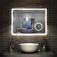 AICA SANITAIRE - AICA Miroir simple de salle de bain tricolore réglable LED avec bluetooth, anti-buée et miroir grossissant,horizontal 140*80cm - vignette