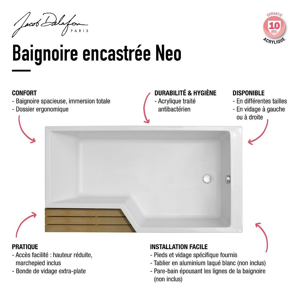 JACOB DELAFON - Baignoire bain douche Neo compacte 160 x 90, version droite - large