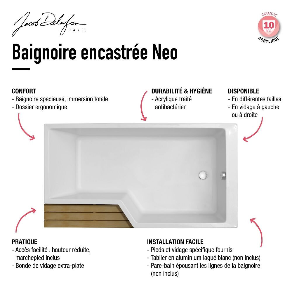 Baignoire bain douche 170 x 90 JACOB DELAFON Neo version droite Bricorama