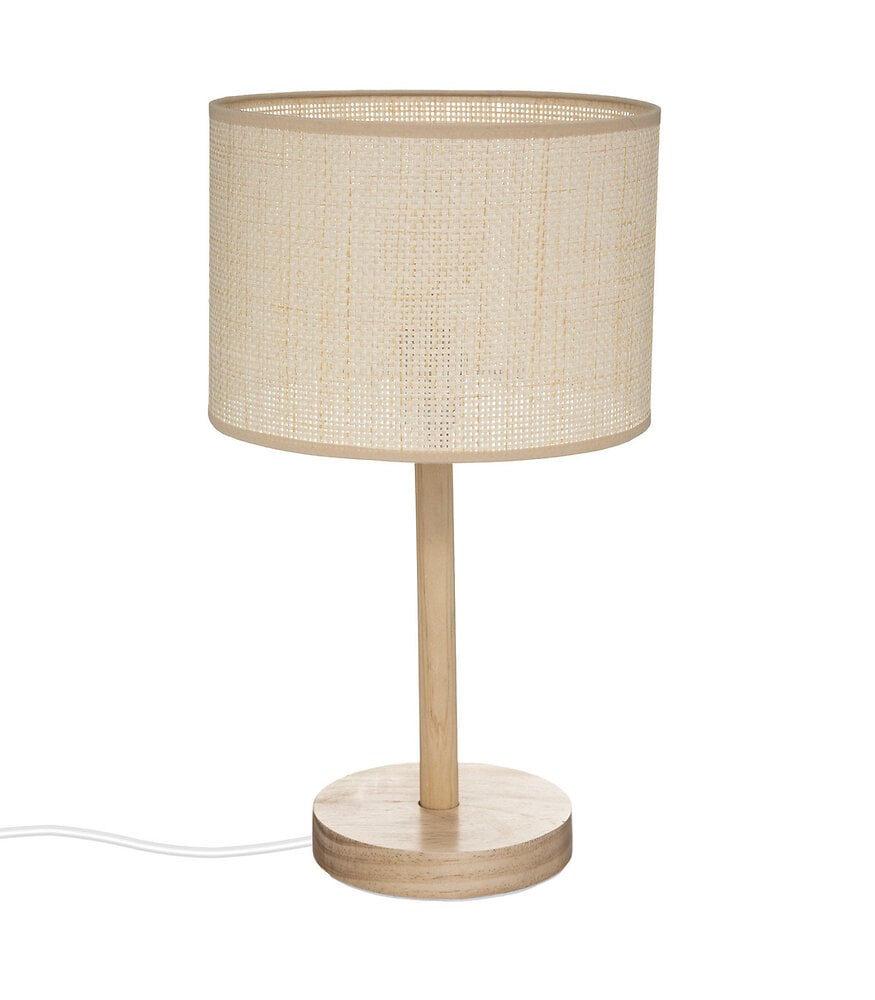lampe à poser en bois de pin et abat-jour beige naturel tressé h 42 cm