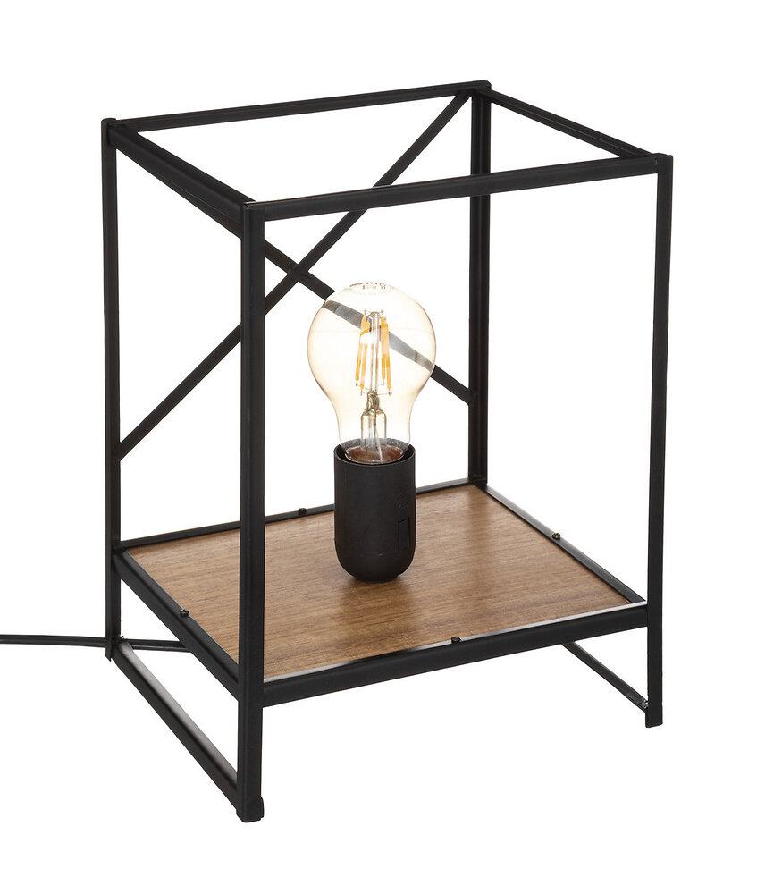 lampe déco en métal noir et bois d'acacia  h 26 cm