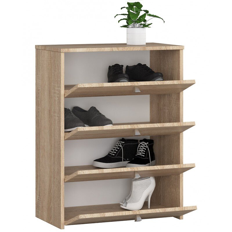 Meuble à chaussures design scandinave 2 portes abattantes 3 étagères  piètement effilé incliné bois hévéa panneaux aspect chêne clair chevrons