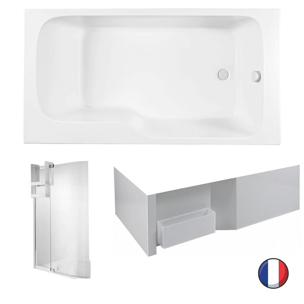 JACOB DELAFON - Baignoire bain douche Malice + tablier de baignoire + pare bain Blanc brillant, 170 X 90 version droite - large