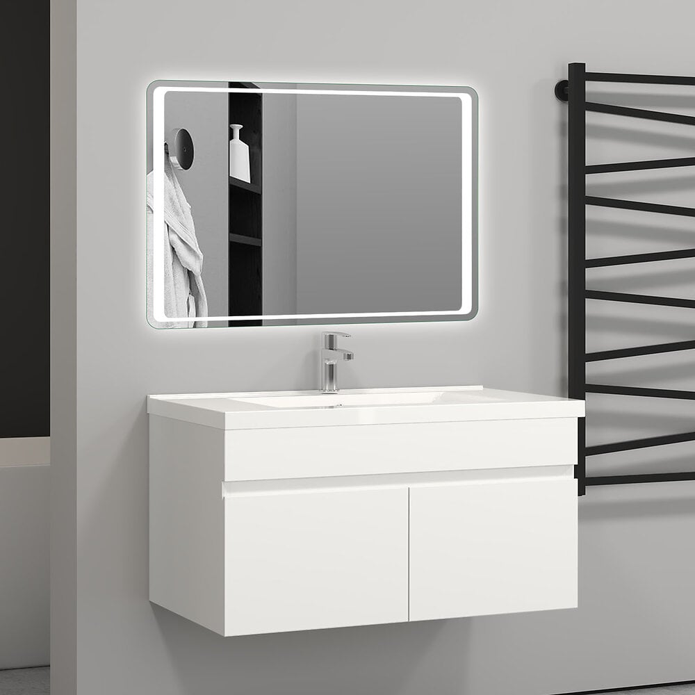 AICA SANITAIRE - Aica Sanitaire 79,5(L)x45(W)x40(H)cm Meuble salle de bain blanc 2 portes avec une vasque à suspendre pour un gain d'espace optimal avec un maximum d'espace intérieure - large
