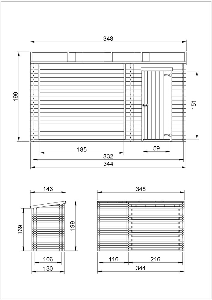 TIMBELA - TIMBELA M205 - Abri de jardin+ Chalet pour vélos/ Bucher/Abri conteneur - H199 x l348 x L146 cm / 3,64 m2 - large
