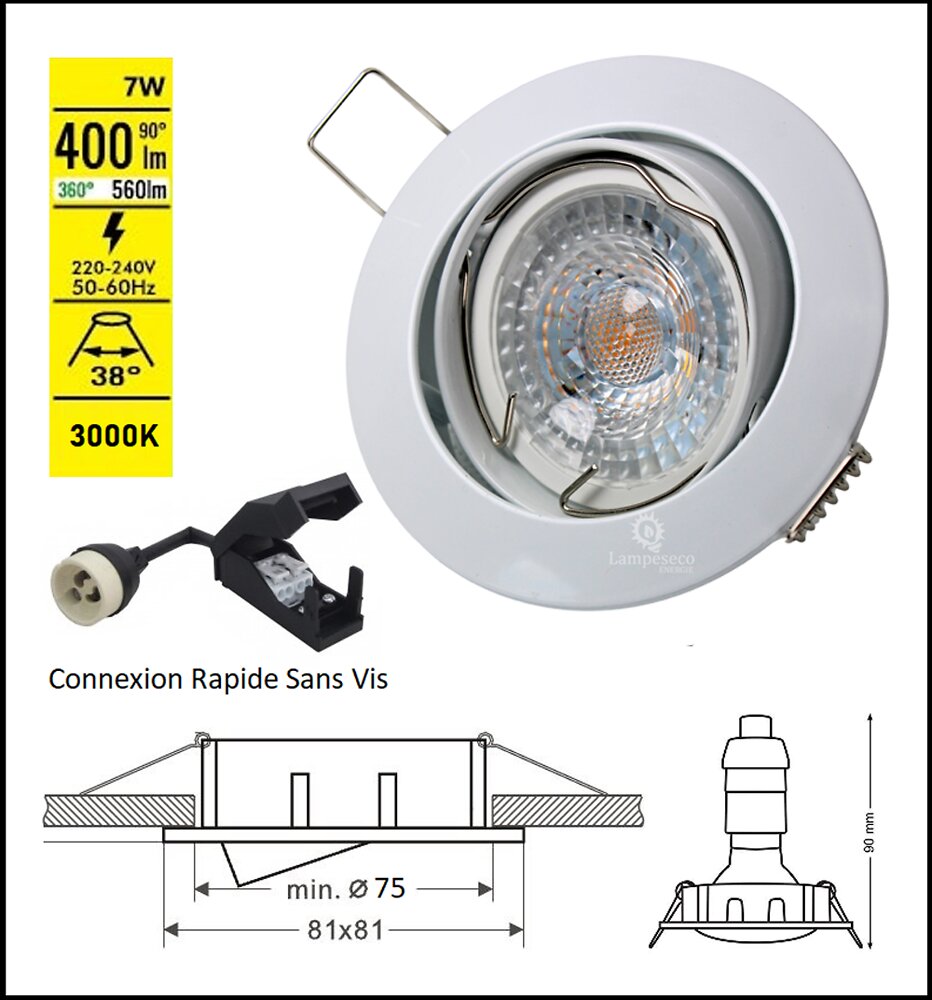 LAMPESECOENERGIE - LOT DE 10 SPOT LED RONDE BLANC ORIENTABLE 38° BLANC CHAUD - large