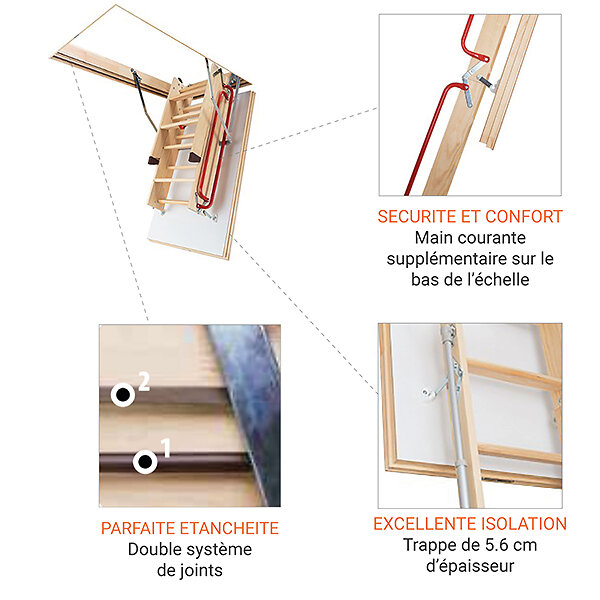 Matisere - Escalier escamotable bois - Hauteur sous plafond 2.80m -Trémie 70 x 120cm - LWL70120-2 - large