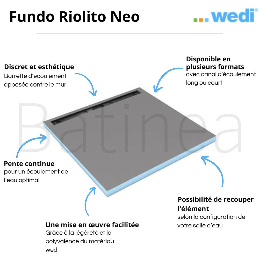 WEDI - Receveur à carreler Fundo Riolito Neo, avec écoulement linéaire, 100 x 100 - large