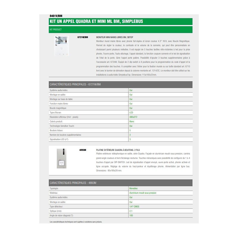 COMELIT IMMOTEC - Kit vidéophonique 8461V/BM - Platine Quadra - Saillie - Blanc - large