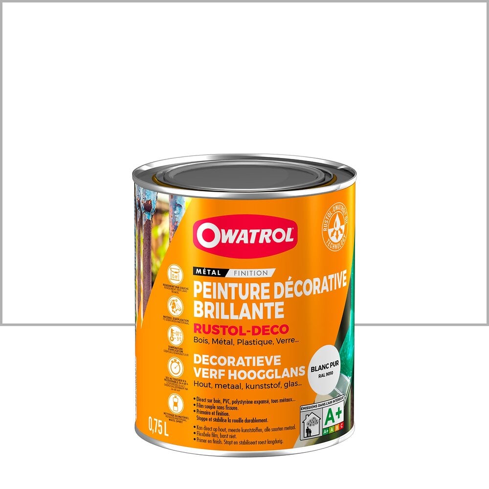 OWATROL - Peinture antirouille décorative Owatrol RUSTOL DECO BRILLANT Blanc pur RAL 9010 0.75 litre - large