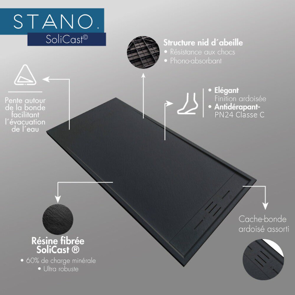 STANO - Receveur de douche 80 x 180 cm extra plat SALVI en SoliCast® surface ardoisée noir - large