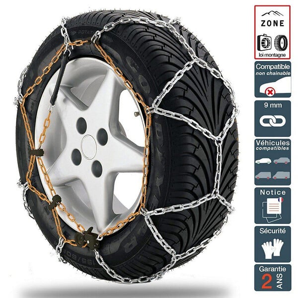 Chaine neige 9mm pneu 195/55R16 montage rapide sécurité garantie