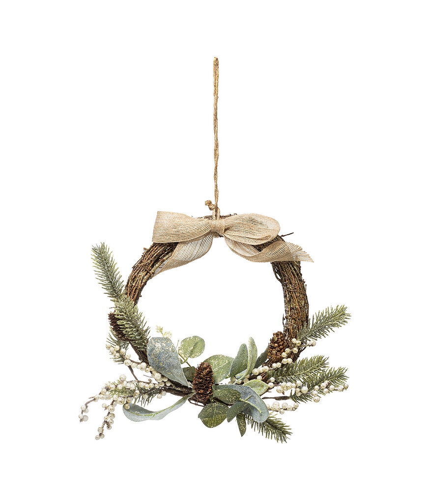 FEERIC LIGHTS & CHRISTMAS - Couronne de  Noël décorée baies beige, branches et noeud en jute D 36 cm - large