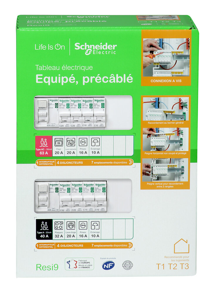 SCHNEIDER - Tableau électrique pré équipé Resi9 du T1 au T2 2 rangées 26 modules - large