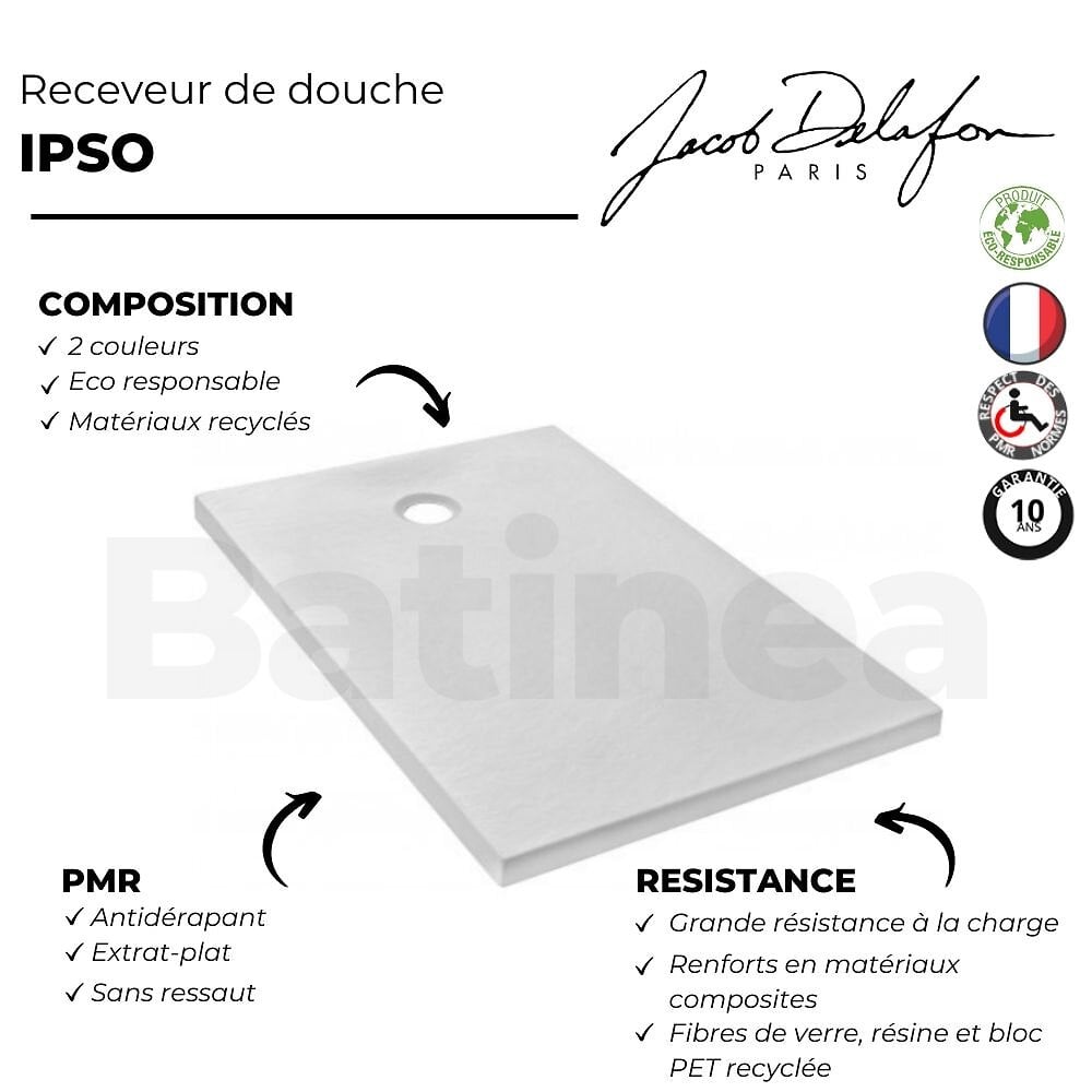 JACOB DELAFON - Receveur douche antidérapant Ipso extra plat, Fabriqué en France, 120 x 80, blanc, adherence / classe A / PN12 - large