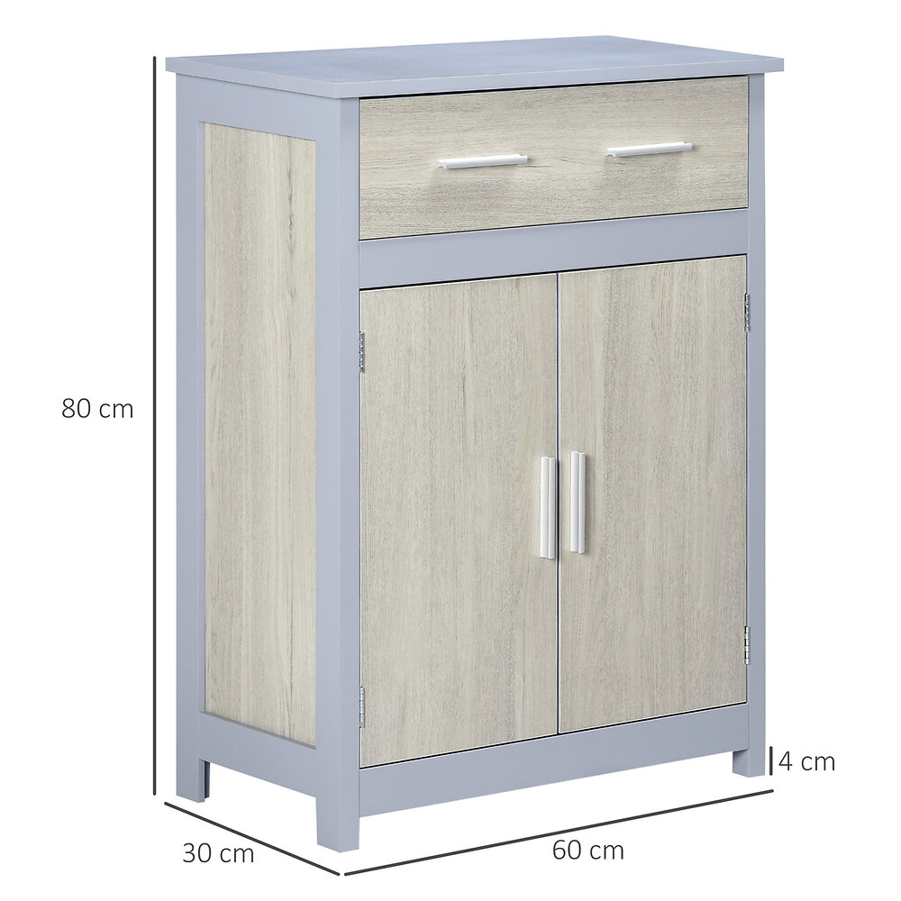 KLEANKIN - Meuble de salle de bain meuble de rangement bas avec 1 tiroir et 1 placard double porte MDF gris et aspect chêne clair - large