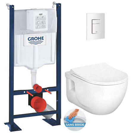 GROHE - Grohe Pack WC Bâti-support autoportant + WC sans bride Lucco Brilla + Abattant softclose + Plaque Blanche (ProjectBrilla-4) - vignette