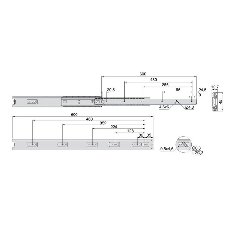 EMUCA - Paire de coulisses pour tiroirs - à billes - 45 x 500 mm - A sortie totale - Zingué - large