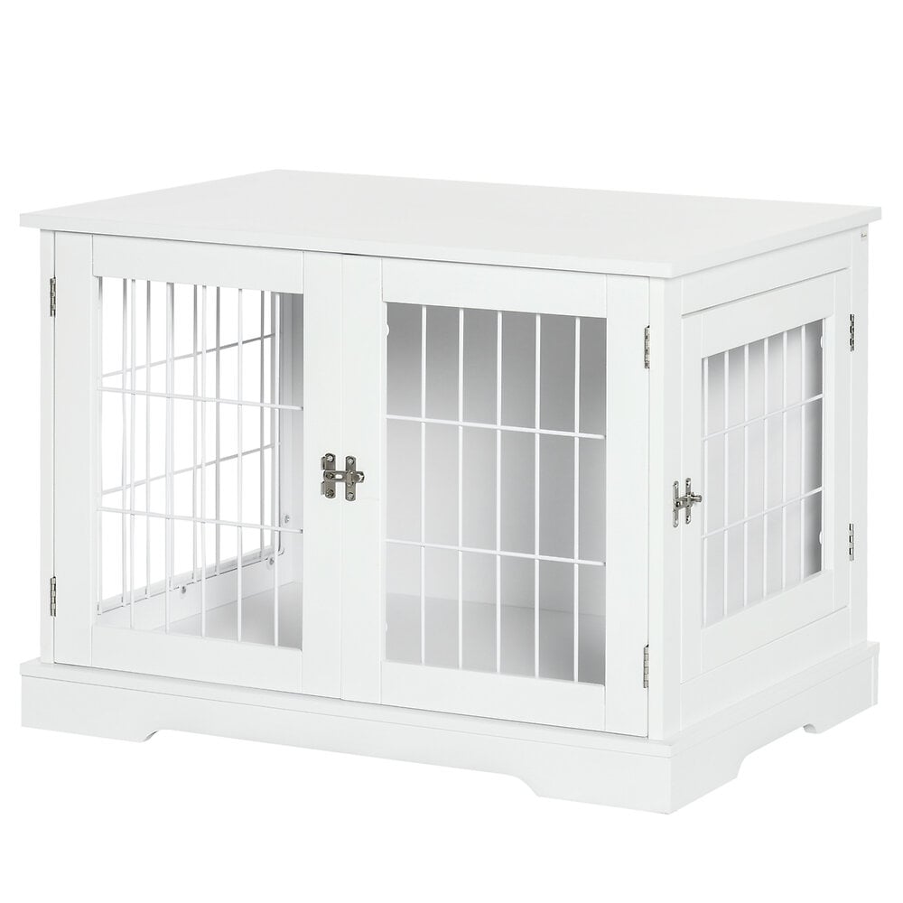 cage pour chien animaux table d'appoint 2 en 1 - 2 portes verrouillables - dim. 76l x 54,5l x 56h cm - mdf acier blanc