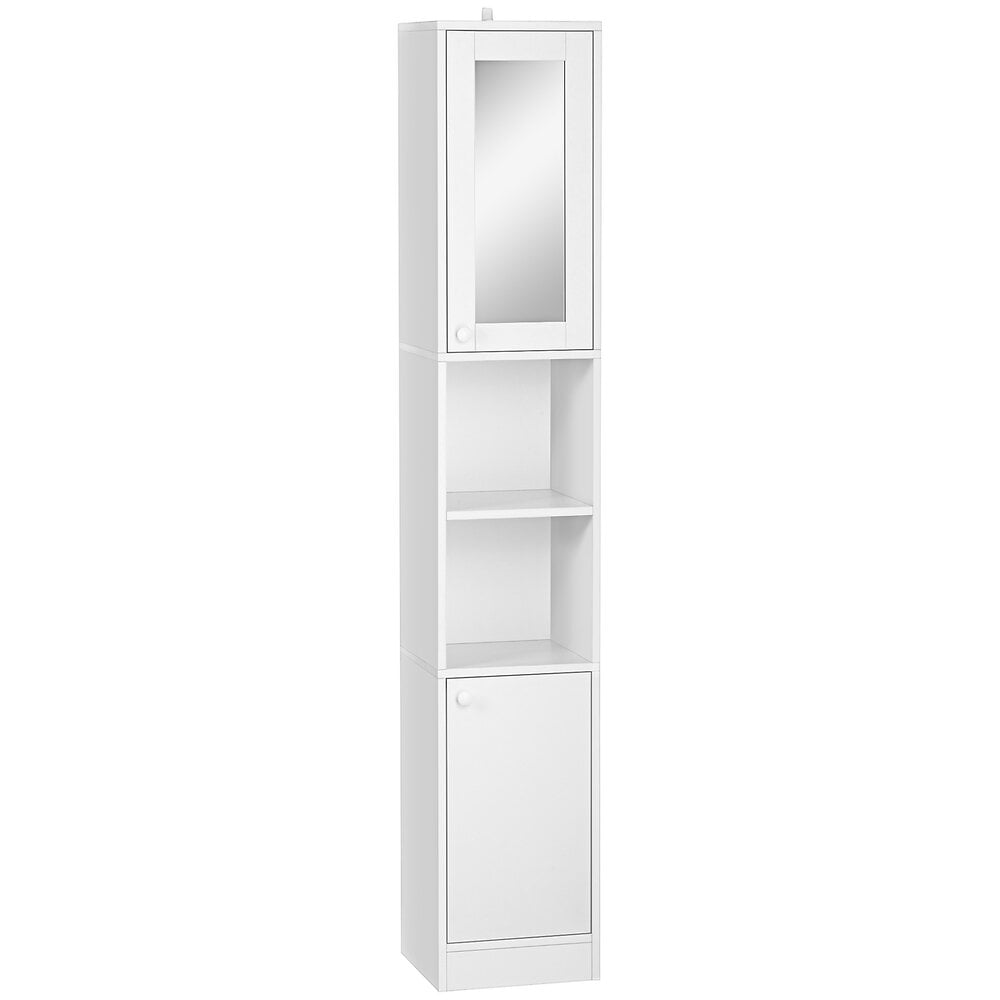 KLEANKIN - Meuble colonne de salle de bain 2 portes avec étagères réglables 2 niches miroir panneaux particules blanc - large