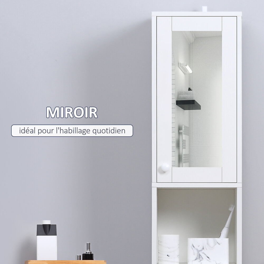 KLEANKIN - Meuble colonne de salle de bain 2 portes avec étagères réglables 2 niches miroir panneaux particules blanc - large