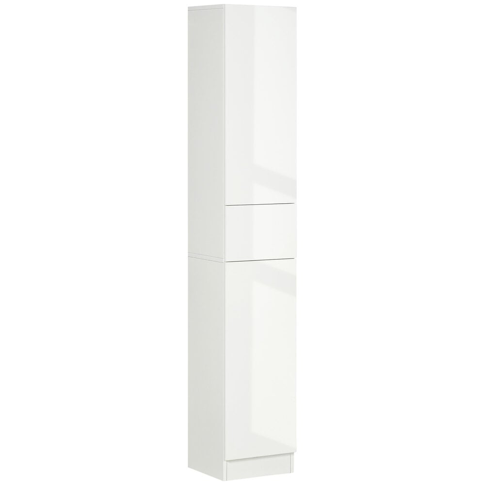 KLEANKIN - Meuble colonne rangement salle de bain style contemporain façade laquée 2 portes 3 étagères tiroir panneaux MDF blanc - large