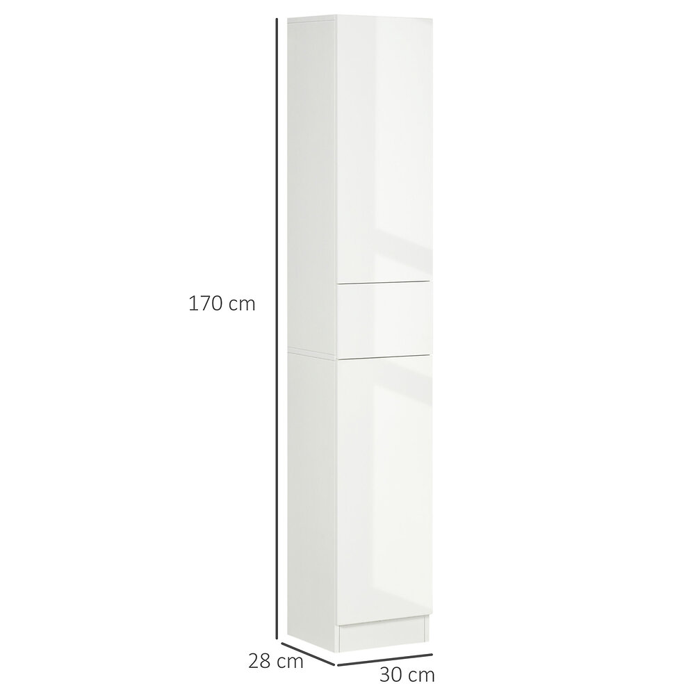KLEANKIN - Meuble colonne rangement salle de bain style contemporain façade laquée 2 portes 3 étagères tiroir panneaux MDF blanc - large
