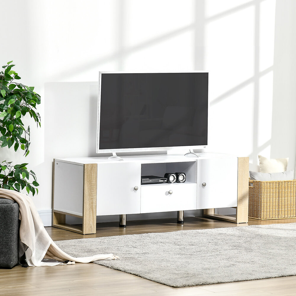 HOMCOM - Meuble TV 2 portes 1 tiroir 1 niche avec passe-câbles dim 140L x 43l x 48H cm aspect chêne clair blanc - large
