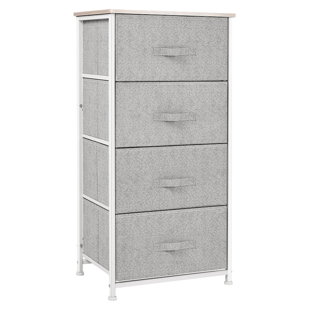 chiffonnier meuble de rangement dim. 45l x 30l x 92h cm 4 tiroirs non-tissés gris structure métal blanc plateau mdf bois clair