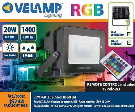 VELAMP - PADLIGHT-RGB : projecteur LED SMD 20W RGB avec télécommande - large